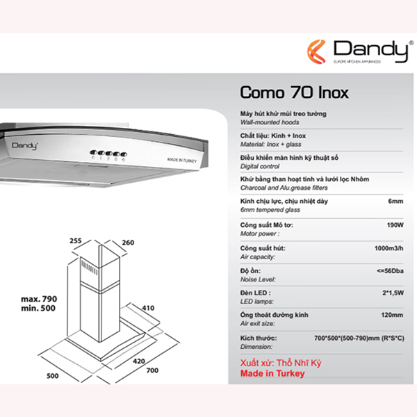 Kích thước máy hút mùi Dandy DA-Basic Inox 70 Kích thước máy hút mùi Dandy DA-Basic Inox 70