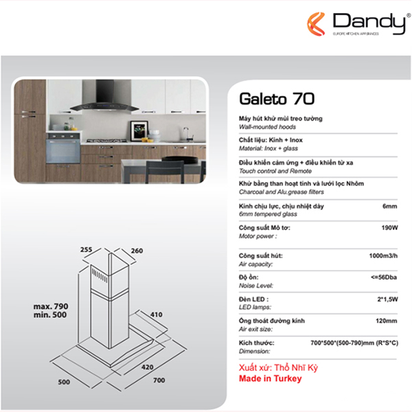 Kích thước máy hút mùi Dandy Geleto 70 Kích thước máy hút mùi Dandy Geleto 70
