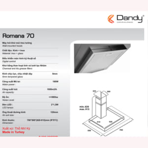 Kích thước máy hút mùi Dandy Romana 70