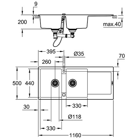 Kích thước chậu rửa bát Grohe 31647AP0