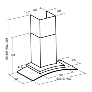 Kích thước máy hút mùi Nodor ARCO 700 BK