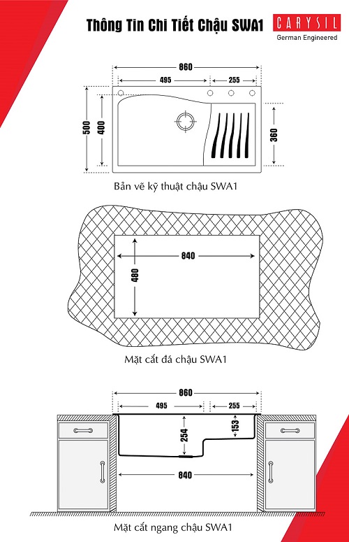 Chậu rửa bát đá nhân tạo Carysil SWA1 Chậu rửa bát đá nhân tạo Carysil SWA1